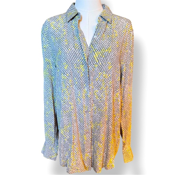 EQUIPMENT Grey & Yellow Button Up Shirt Geometric Snakeskin Blouse Silky Top - Picture 8 of 16